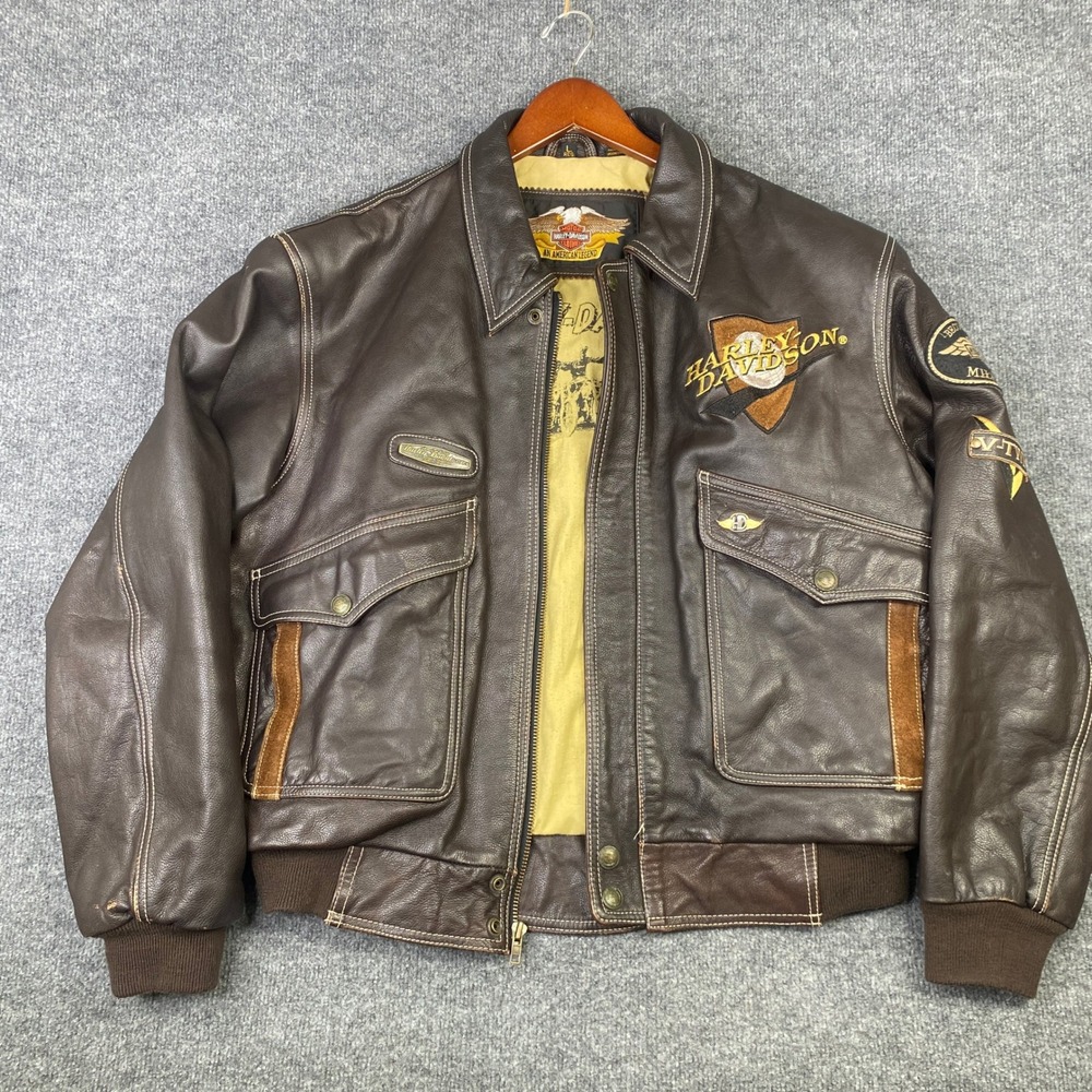 VTG Harley-Davidson Mens Brown Leather Bomber Jacket Mileage Club V-Twin Patch L